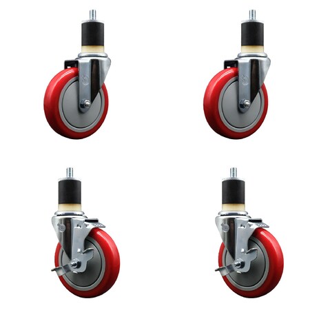 Service Caster 5'' SS Red Poly Wheel Swivel 1-7/8'' Expanding Stem Caster Set 2 Brakes, 4PK SCC-SSEX20S514-PPUB-RED-2-TLB-2-178